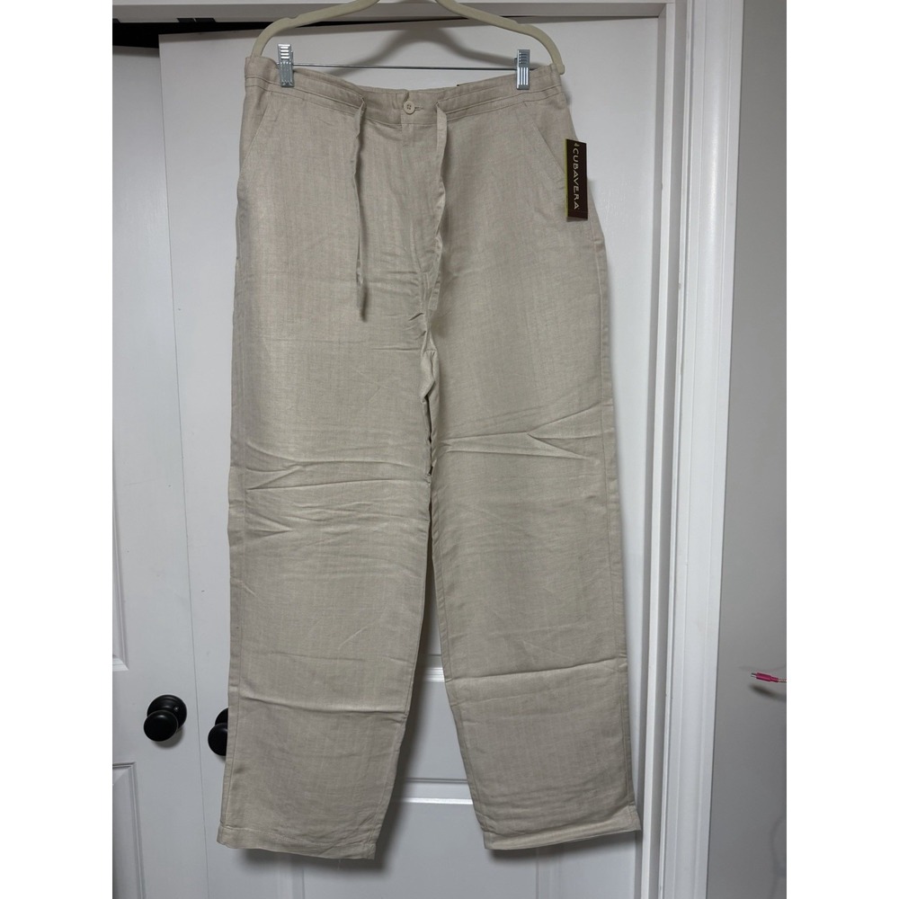 Cubavera women's natural linen drawstring pants, Size Large